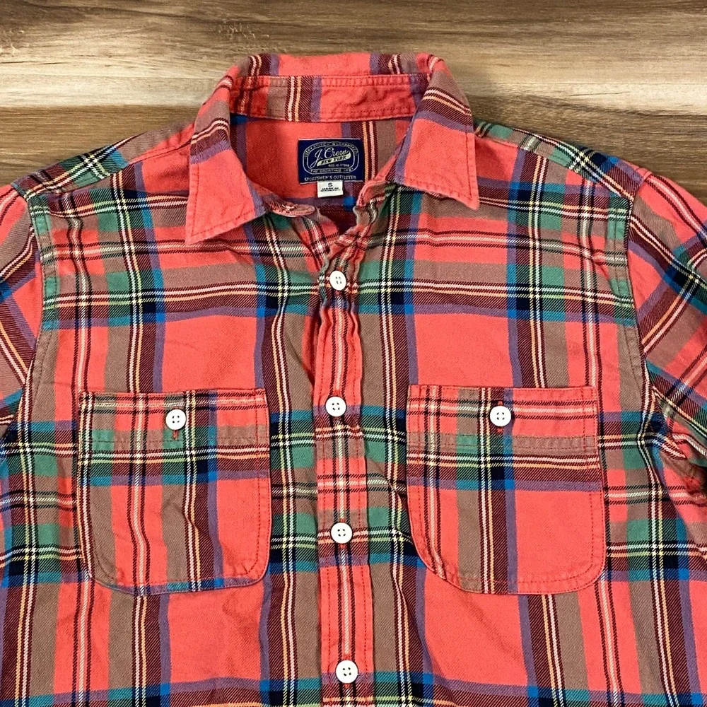 J. Crew‎ Flannel Shirt Mens Small Sportsmen's Outfitter Plaid Salmon Pink Green